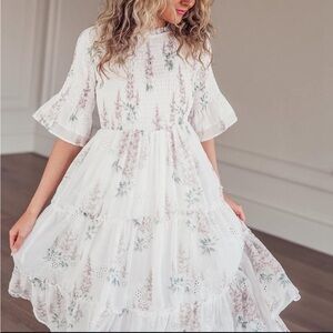 JessaKae White Floral Smocked Eyelet Midi Dress